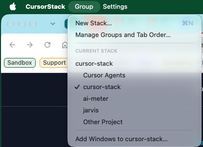 Group menu listing projects