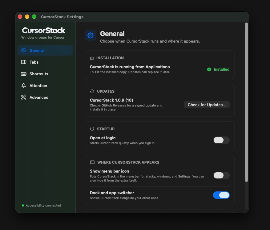 CursorStack Settings showing install status and Accessibility connected