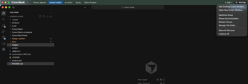 The CursorStack tab strip on a real Cursor window, with the Add menu open